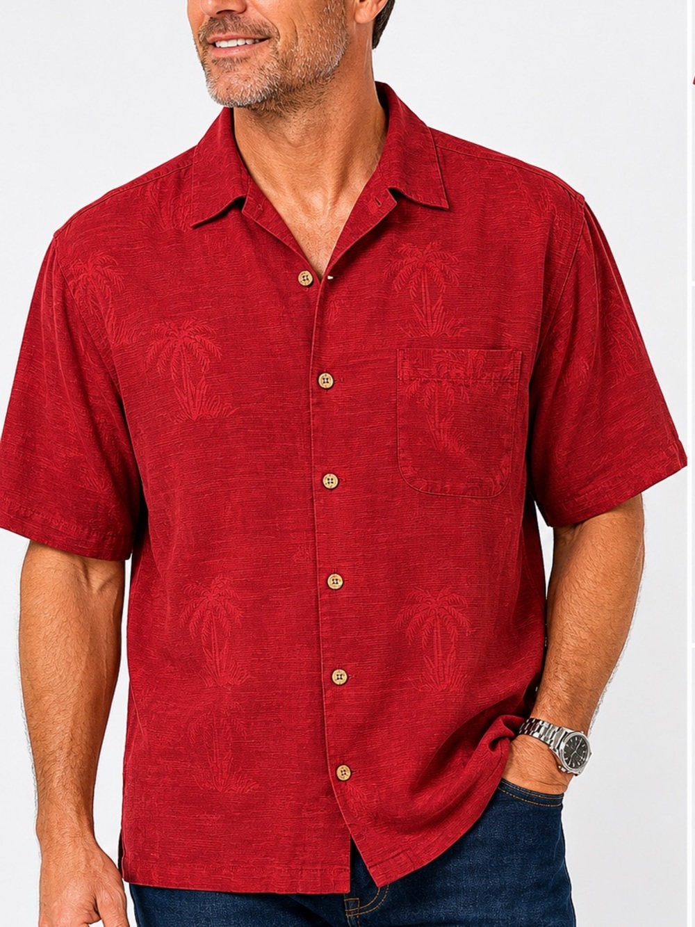 Y2K Tommy Bahama 100% Silk Camp Shirt Mens Red Textured Button Up Size Medium